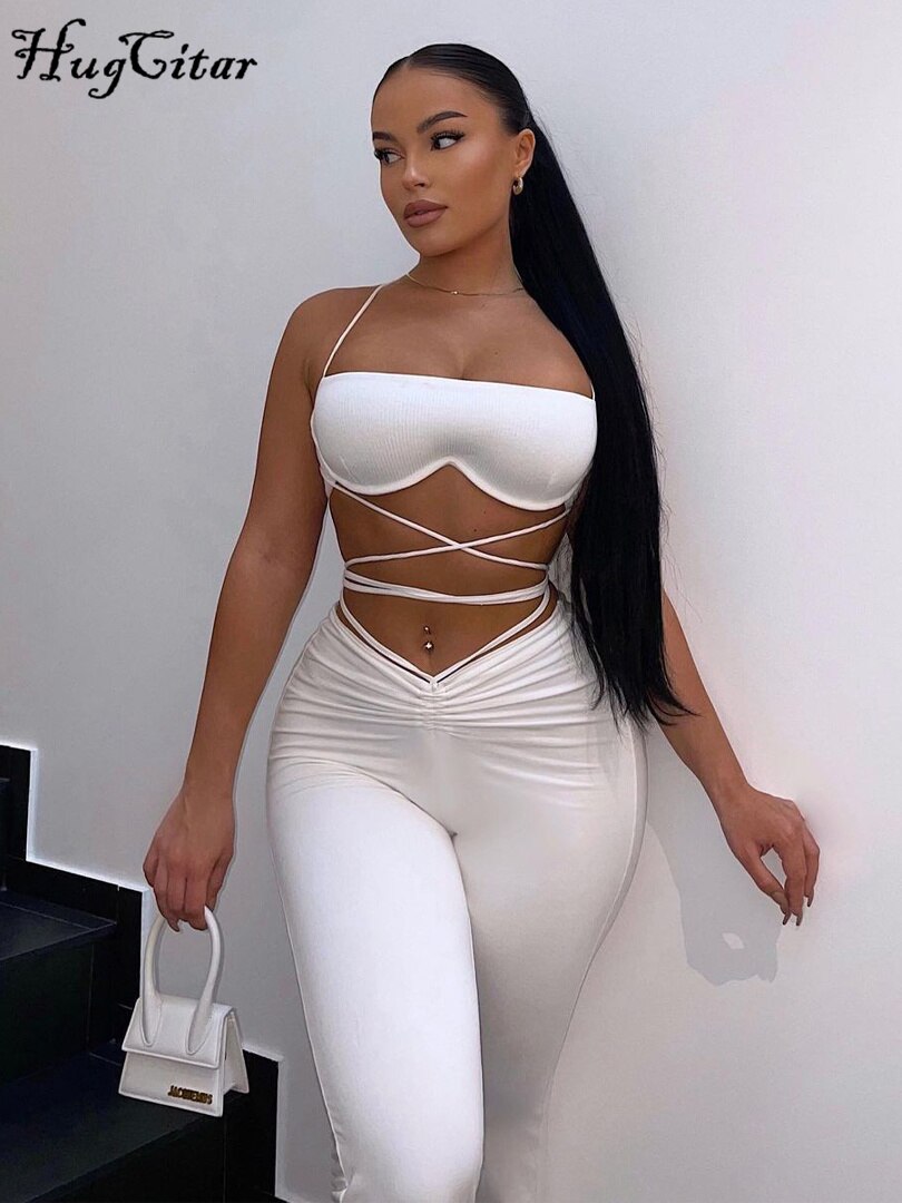 Voguable Solid Women Halter Sleeveless Bandage Ruched Crop Bra High Waist Leggings 2 Piece Set 2021 Autumn Y2K Streetwear Outfit voguable