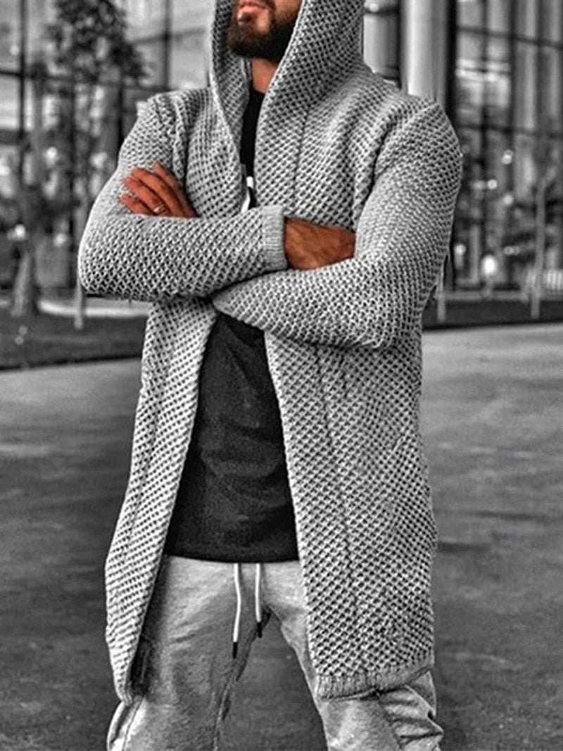 Voguable Sweater Cardigan Men Mid Length Hooded Cardigans Spring Autumn Mens Clothes Lightweight Knit Jacket Plus Size Sweaters Knitwear voguable
