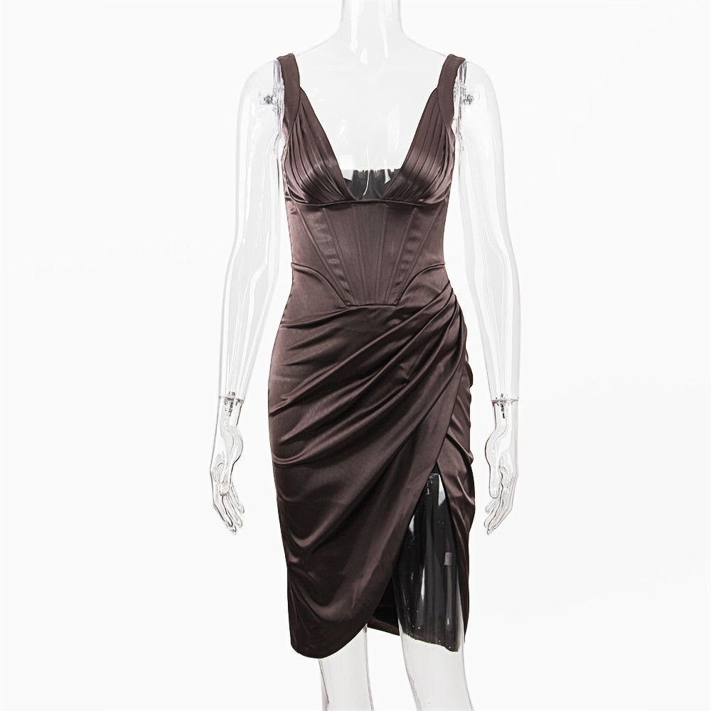 Fully Lined Chocolate Duchess Satin Draped Midi Dress Deep V Neck Solid Sleeveless Elegant Celebrity Party Dress voguable