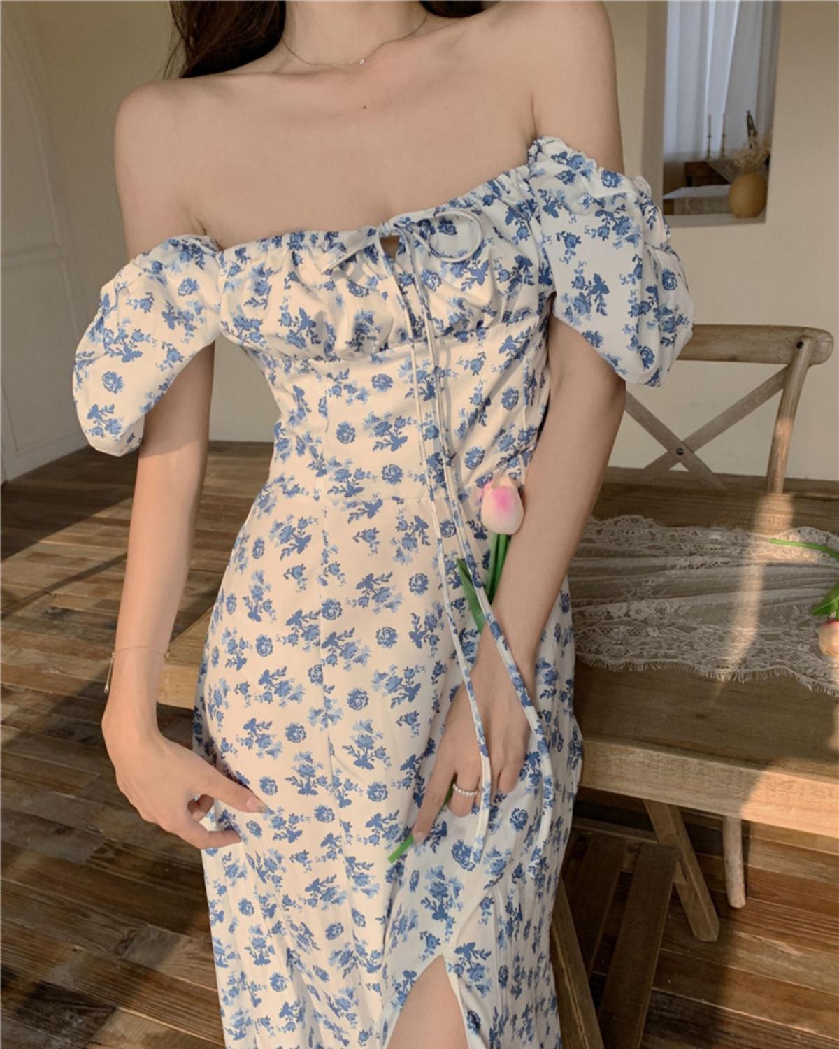 Voguable  2022 Dresses Women Side-slit French Style Print Leisure Puff Sleeve All-match Sexy Ladies Vestidos Vintage College Birthday Party New voguable