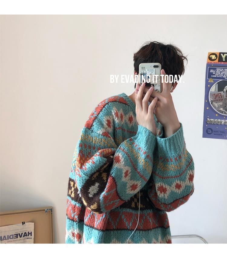 Voguable Men's Knitted Vintage Graphic Sweater with Pattern Brown Blue Pullovers Sweaters and Jumpers Korean Streetwear Harajuku voguable