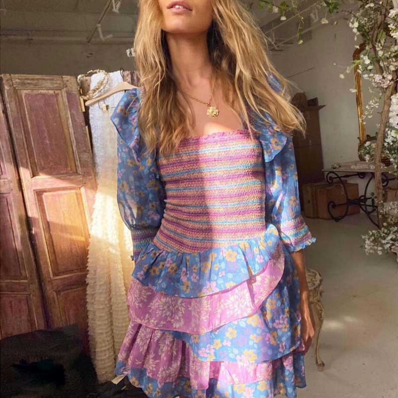 Mixed floral prints ruffled party dress puff sleeve square neck smocked sexy laides dress mini chic summer dress voguable