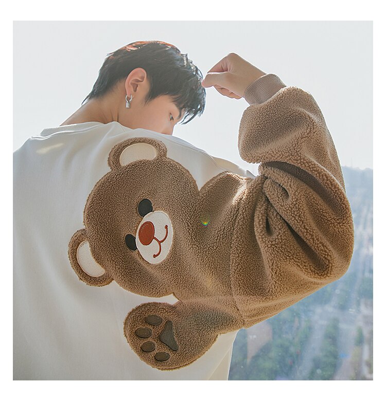 Voguable Plus Velvet Thick Autumn And Winter Round Neck Long-Sleeved Lamb Hair Embroidery Flocking Comic Bear Loose Lazy Style Sweatshirt voguable