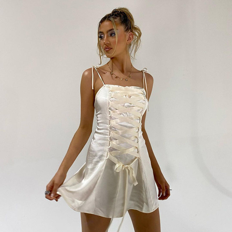 Bomblook 2021 Solid Charmeuse Bandage Backless Sleeveless Shirring Lace-up Dress Summer Women Woods Elves Style Streetwears voguable