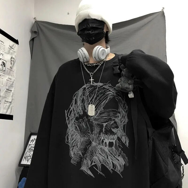 Voguable Retro dark printed sweatshirt for couples to wear loose black long sleeve top fashionable wide Songyuan night style album top voguable