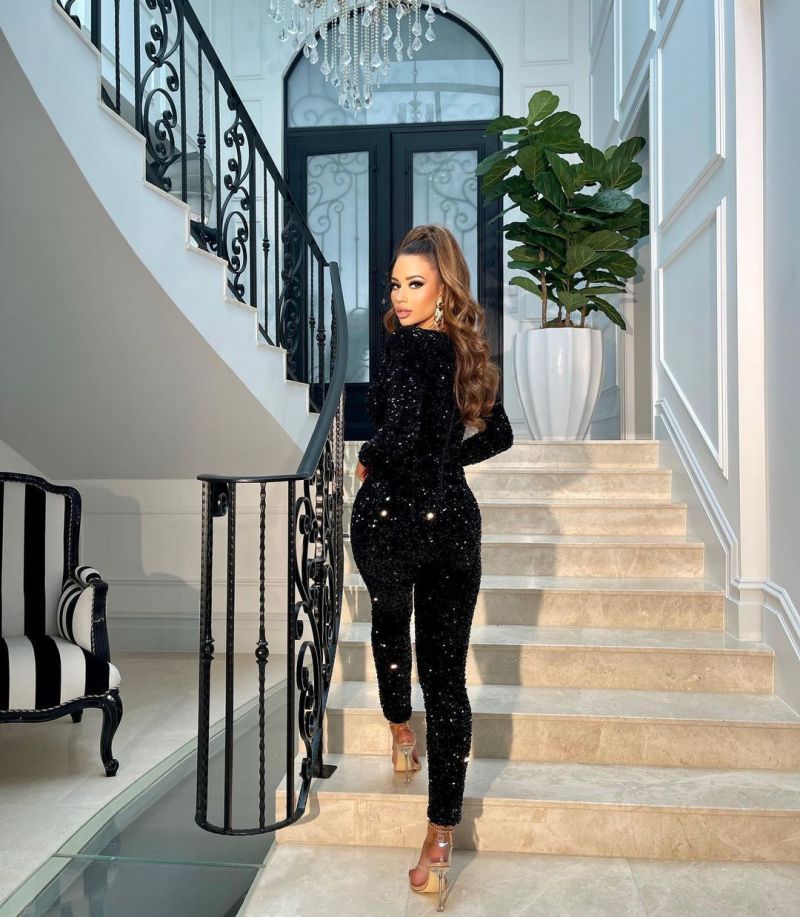 New Sexy Black Deep V-neck Draped Elastic Sequins bodycon Long Sleeve Party Jumpsuit voguable