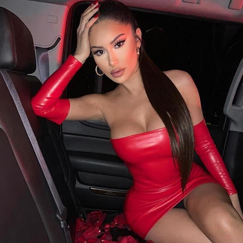 Leather With Gloves Party Dress Women Backless Sexy Hot Clubwear Skinny Slim Solid Fashion Bodycon Mini Dresses voguable