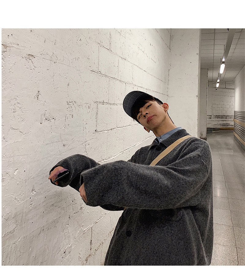 Voguable Oversize Cardigan Men Thick Ins Autumn and Winter Retro Loose Casual Button Solid Color Couple Knit Mens Cardigan Sweater Coat voguable