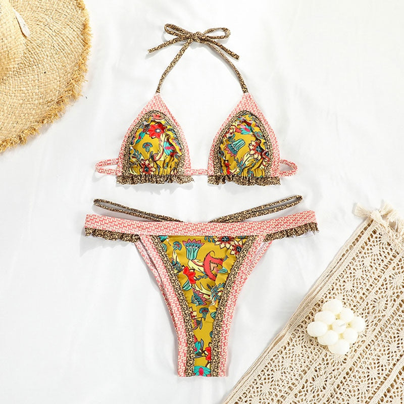 Voguable Triangle bikini set patchwork swimwear women 2022 Sexy micro women's swimsuit Ruffle bathing suit Elegant 2 pieces set voguable