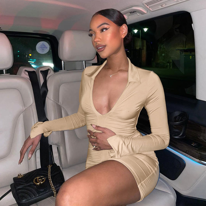 Voguable   2022 Solid Pleated Polo Neck Long Sleeves Mini Dress Summer Autumn Women Fashion Streetwear Y2K Elegant Wear voguable