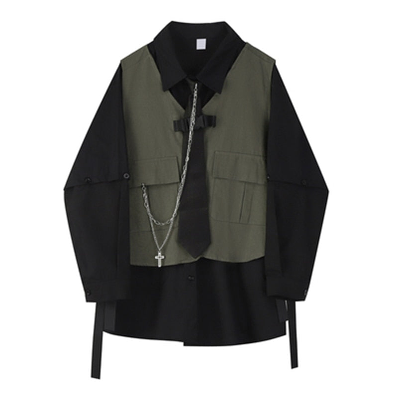 Voguable 2022 Spring Autumn Women's Two-Piece Sets Streetwear Fashion Tooling Style Vest And Solid Loose Long Sleeve Shirts Female Suit voguable