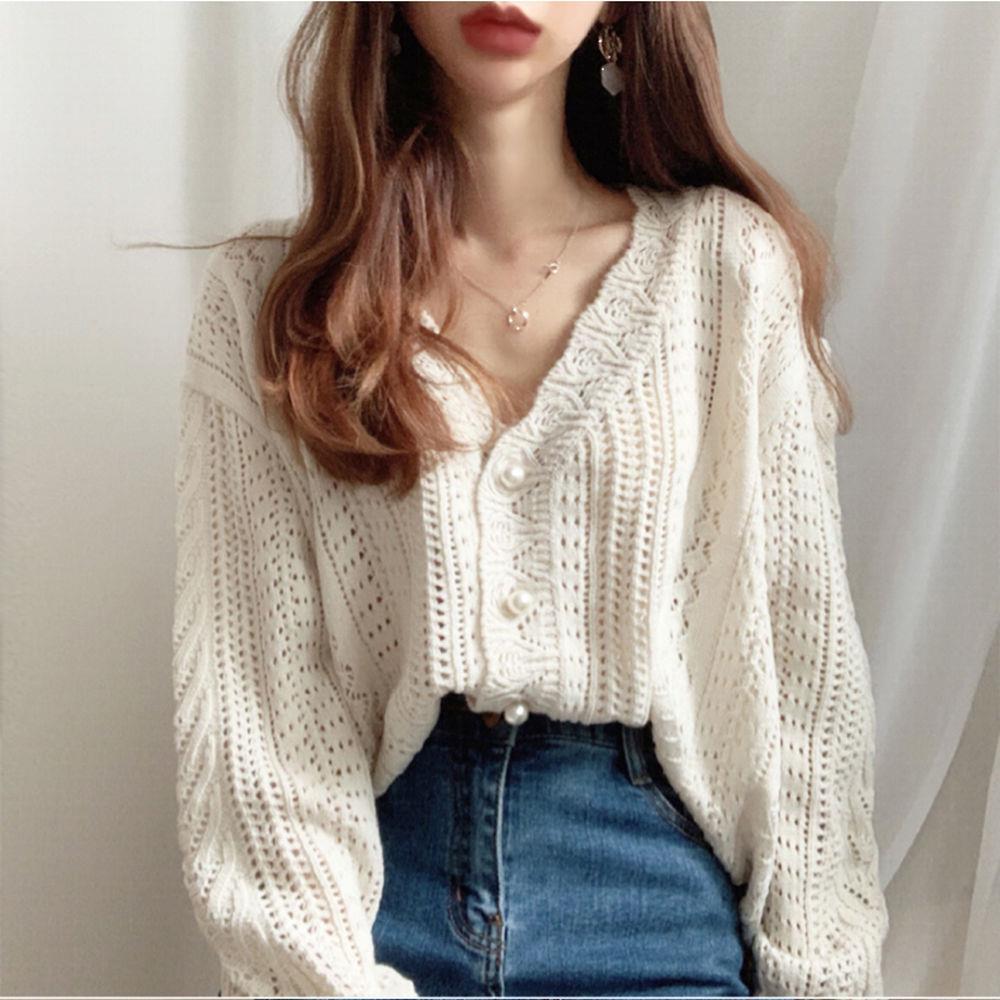 Voguable  Cropped Cardigan Women Spring Chic Hollow Out Elegant V-Neck Korean Vintage Femme Jumper White Sweet Girls Pearls Lady Knitwear voguable