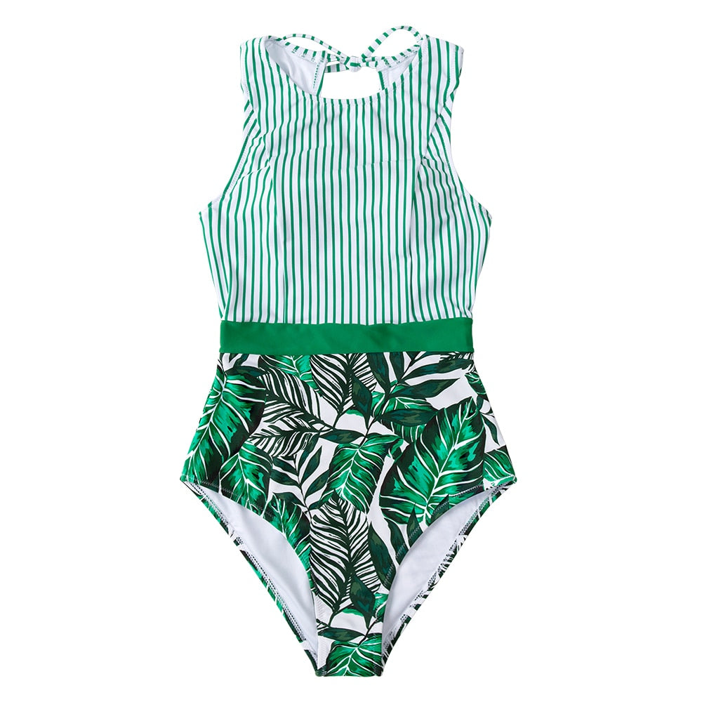CUPSHE Black Striped And Green Leaf One-piece Swimsuit Women Sexy Cutout Monokini Bathing Suits 2022 New Girl Beach Swimwear voguable