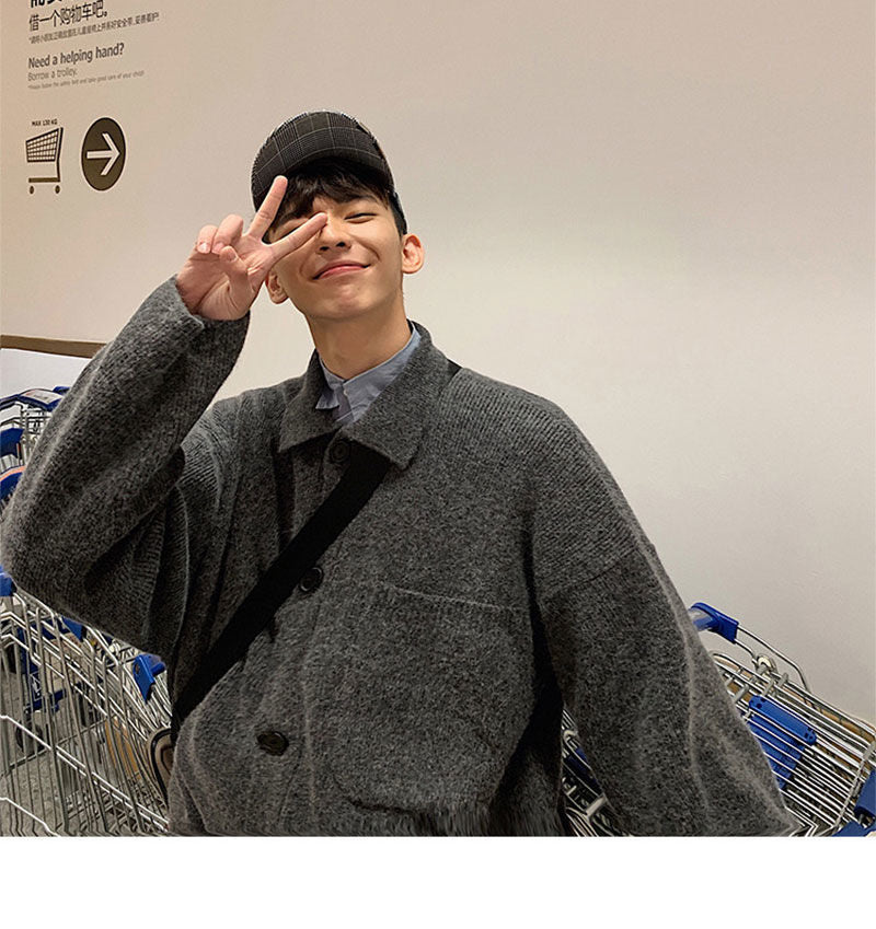Voguable Oversize Cardigan Men Thick Ins Autumn and Winter Retro Loose Casual Button Solid Color Couple Knit Mens Cardigan Sweater Coat voguable