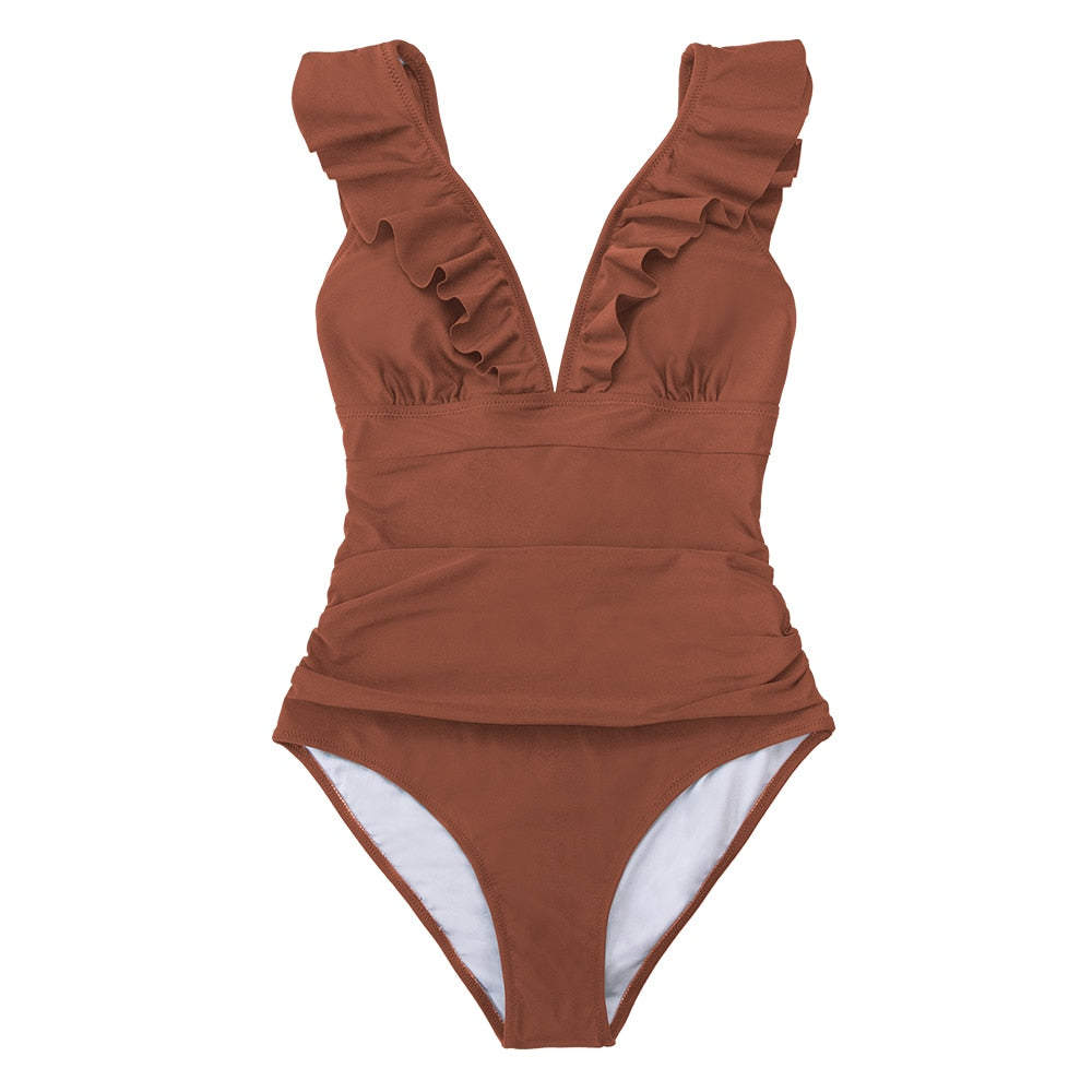 Voguable  Solid Black Ruffled One-piece Swimsuit Women Sexy Lace Up Monokini Swimwear 2022 New Girl Beach Bathing Suits voguable