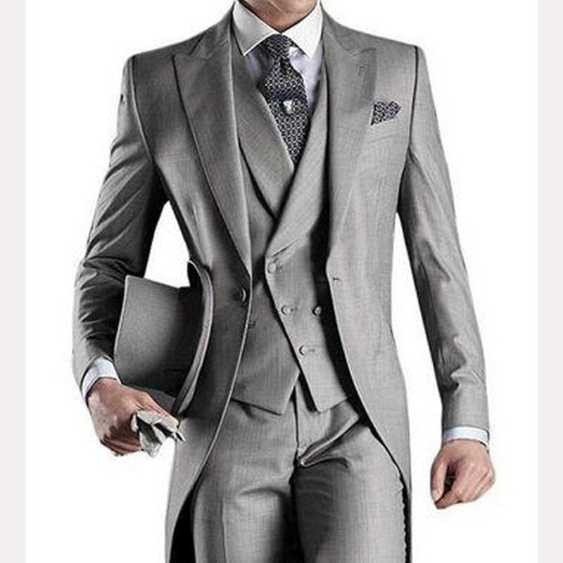 Voguable Gray Wedding Men Tail Coat 3 Piece Groom Tuxedo for Formal Prom Male Suits Fashion Set Jacket with Pants Vest voguable
