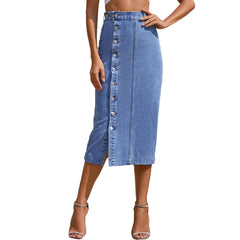 Voguable Button Front Longline Denim Skirt Retro Long Summer Denim Skirts Girls High Waist Split Jeans Straight Maxi Denim Skirts voguable