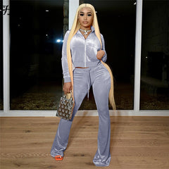 Voguable  Simple Casual 2 Piece Set Women Solid Velour Zipper Long Sleeve Turtleneck Top Lace Bandage Slim Female Wide Leg Pants voguable