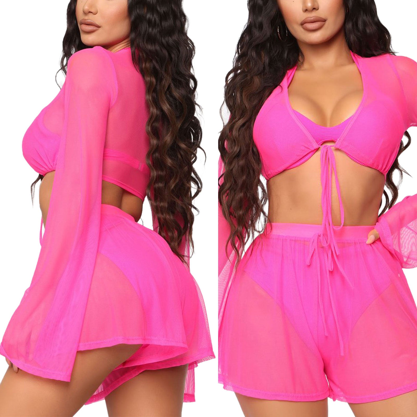 Voguable  2pcs Women Long Sleeve Cover-ups Sets Bikini Cover Up Summer Ladies Sexy Top + Swim Shorts Beach Ladies Swimsuits Bathing Suit voguable