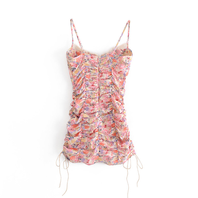 Voguable  Sweet Floral Print Sling Sexy Dress Women Chic Lace Trim V Neck Sleeveless Draped  Bodycon Mini Dress Party Robe Femme voguable