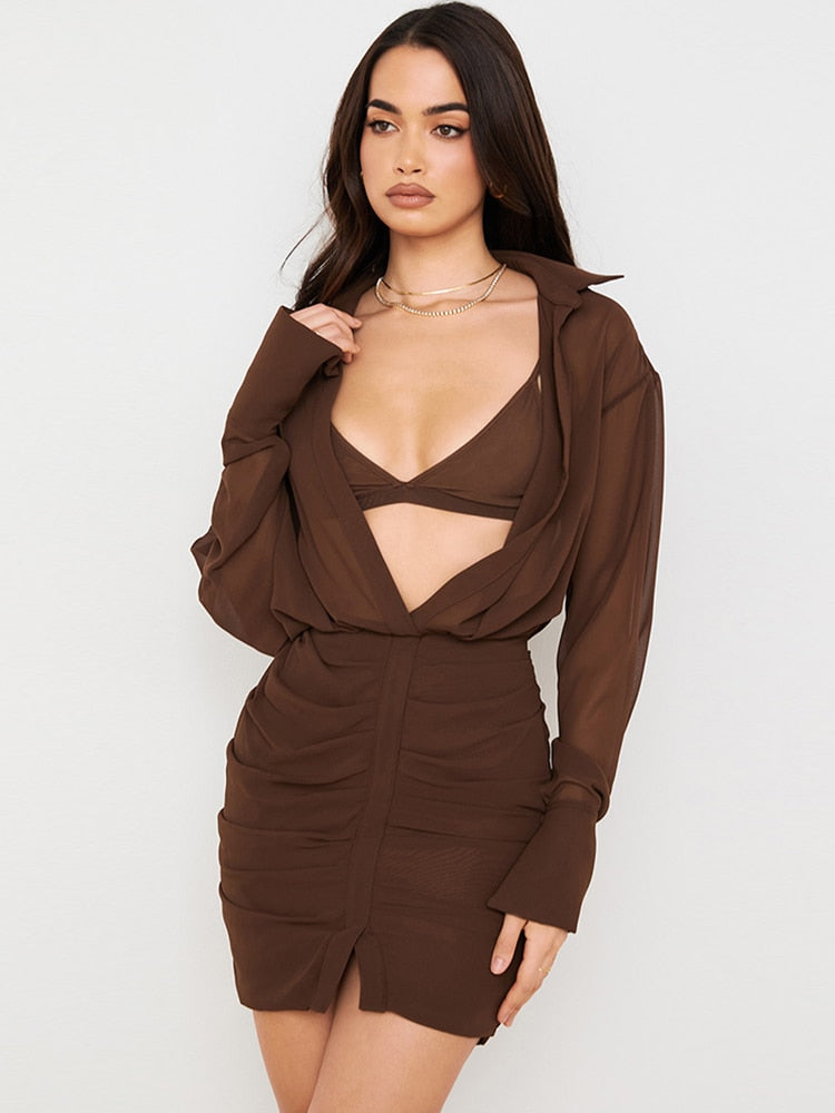 Bra and Dress 2 Piece Set Coffee Chiffon Summer Long Sleeve Open Chest Ruched Vacation Wear Sexy Shirt Dress voguable