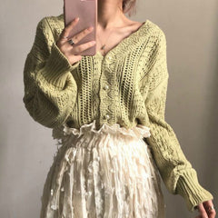 Voguable  Cropped Cardigan Women Spring Chic Hollow Out Elegant V-Neck Korean Vintage Femme Jumper White Sweet Girls Pearls Lady Knitwear voguable