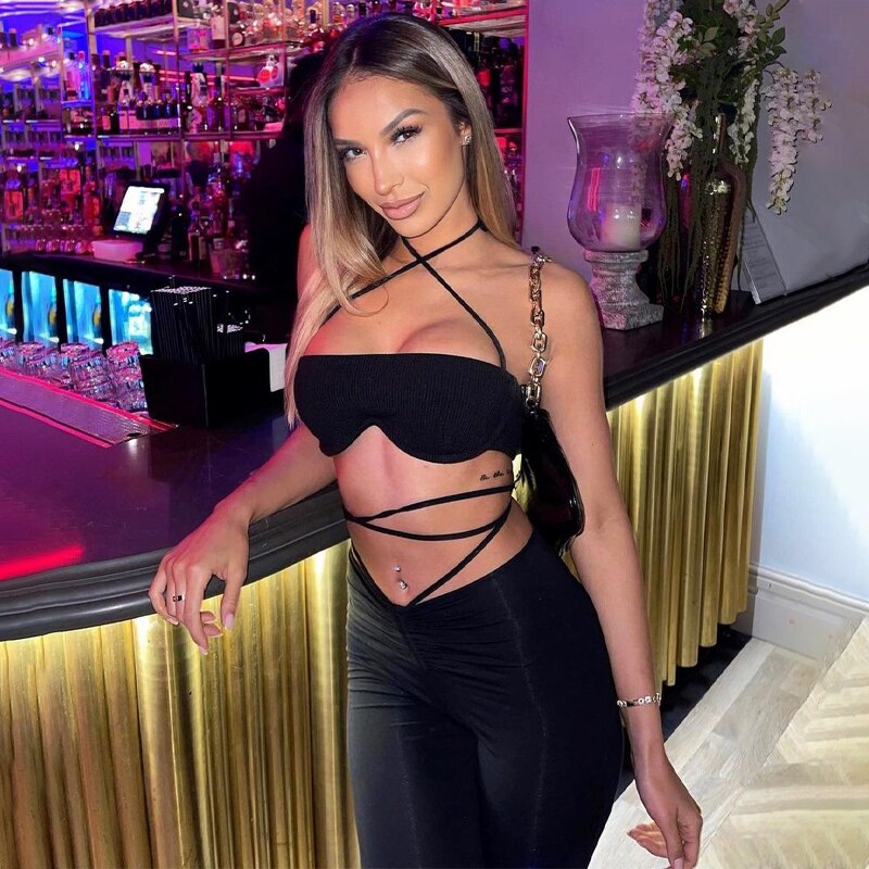 Voguable Solid Women Halter Sleeveless Bandage Ruched Crop Bra High Waist Leggings 2 Piece Set 2021 Autumn Y2K Streetwear Outfit voguable
