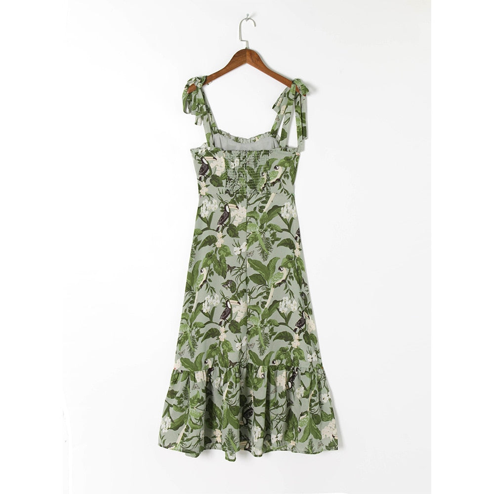 Dresses For Women Party Elegant Ruffle Hem Beach Summer Dress Sweetheart Neck Tie Strap Tropical Print Chiffon Midi Dress voguable