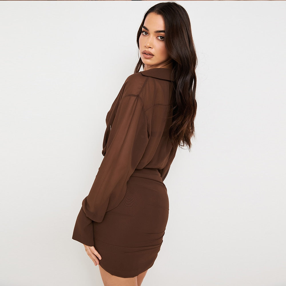 Bra and Dress 2 Piece Set Coffee Chiffon Summer Long Sleeve Open Chest Ruched Vacation Wear Sexy Shirt Dress voguable