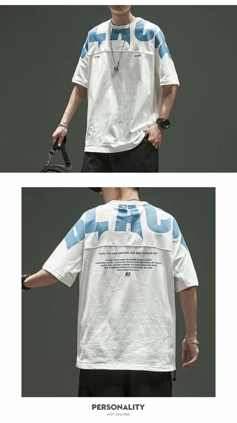 Voguable  Fashionable Street Style Oversized T Shirt Black White Men Clothing 2 Solid Color O-neck Men T Shirt Printed Letters Sportswear voguable