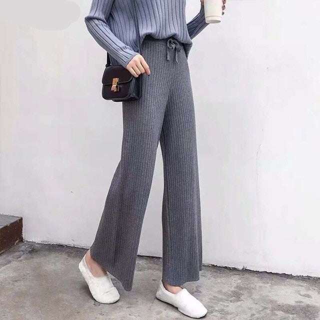 2022 new casual straight pants  women female drawstring loose high waist knitted wide leg pants casual Trousers voguable