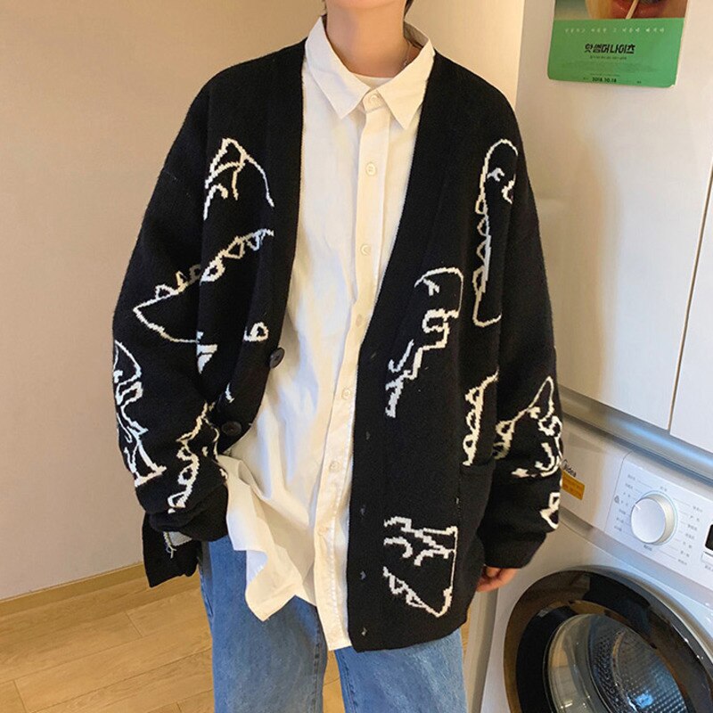 Voguable  2021 Oversized Cardigan Knitted Sweater Streetwear Loose Male Top Coat 2021 Hip Hop Sweater Cartoon Pattern Pullovers voguable