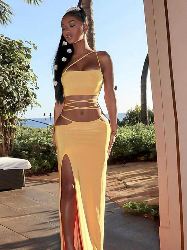 Strapless Crop Top and Long Dress Two Piece Set Yellow Women Summer Outfits Slit Party Club Vacation Beach Maxi Dress voguable