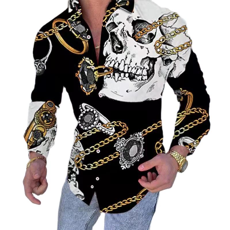 Voguable Men 2022 Spring New Skull Print Shirt Men Fashion Trend Personality Casual Rhinestones Slim Long Sleeve Dress Shirt Men voguable