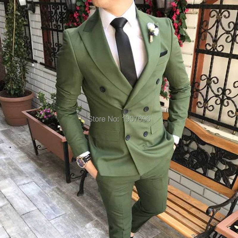Voguable Double Breasted Slim fit Men Suits 2 piece Army Green Wedding Groom Tuxedos for Prom 2020 Man Fashion Clothes Set Jacket Pants voguable