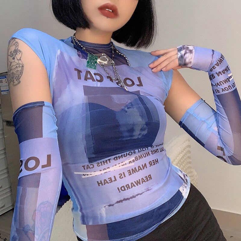 Y2K Slim Bodycon Tops Summer Fashion Women Printing T-Shirt Long Oversleeve Party Club Outfit Casual Streetwear voguable