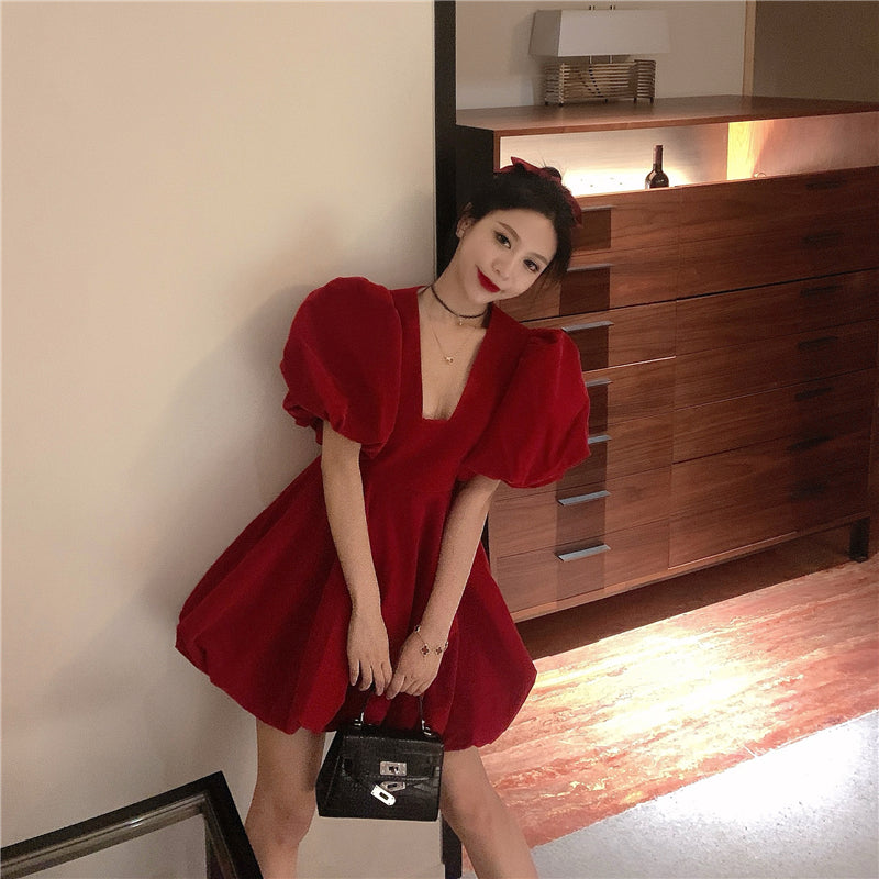 Voguable  Vintage French Crop Dress Women 50s 60s Audrey Hepburn Flannel V Neck Dresses Puff Short Sleeve Sexy Party Elegant Fluffy Frocks voguable