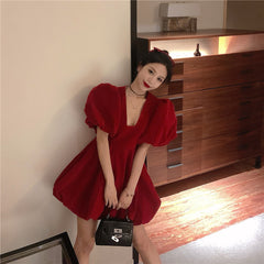 Voguable  Vintage French Crop Dress Women 50s 60s Audrey Hepburn Flannel V Neck Dresses Puff Short Sleeve Sexy Party Elegant Fluffy Frocks voguable