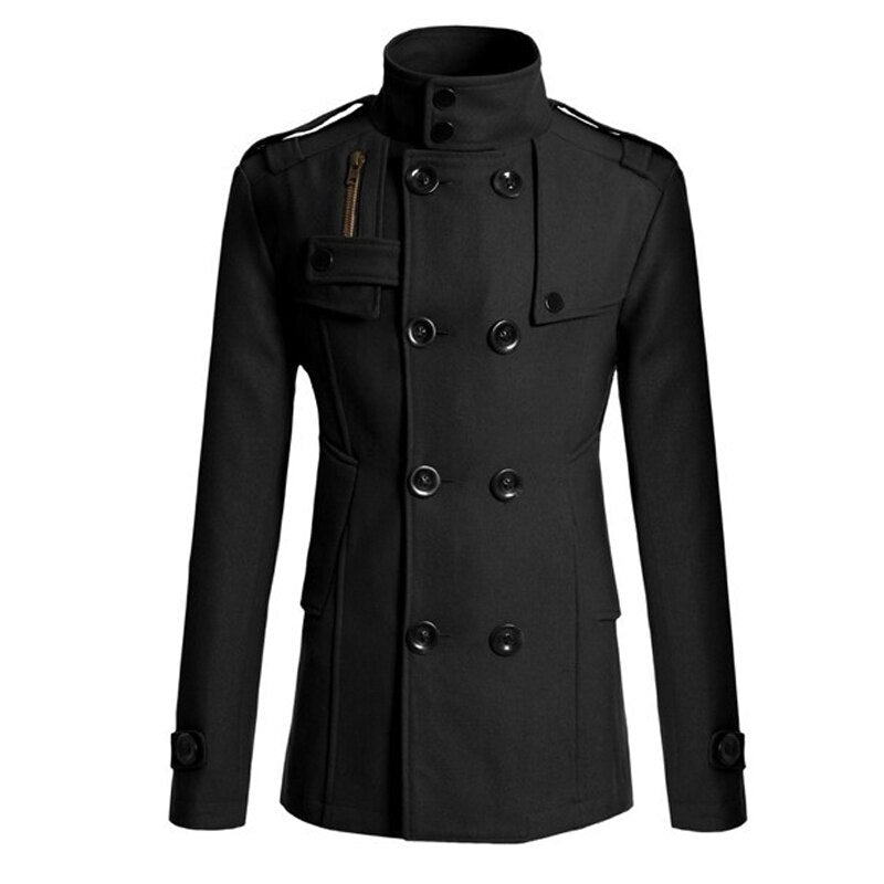 Voguable 2022 Winter New British Style Wool Coat Men Double Breasted Mens Overcoat Stand Collar Slim Fit Trench Coat Outwear Windbreaker voguable