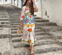Floral Print Boho Autumn Cotton Linen Slit Maxi Long Dress S/4 Batwing Sleeve V Neck Wiast Cut Out Midi Dress Vestidos voguable