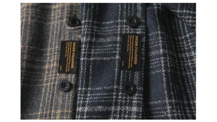 Voguable Japanese Fashion Retro Woolen Tooling Plaid Shirt for Men Cotton Turn-down Collar Buttons Long Sleeve Loose Casual Harajuku voguable