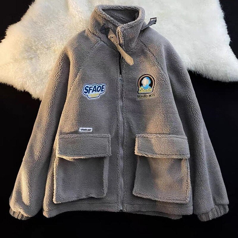 Voguable Printed Sweatshirt with Zipper Cardigan Male Plush Blouse Fleece Jacket Men's Coat Black Korean Streetwear Hip Hop voguable