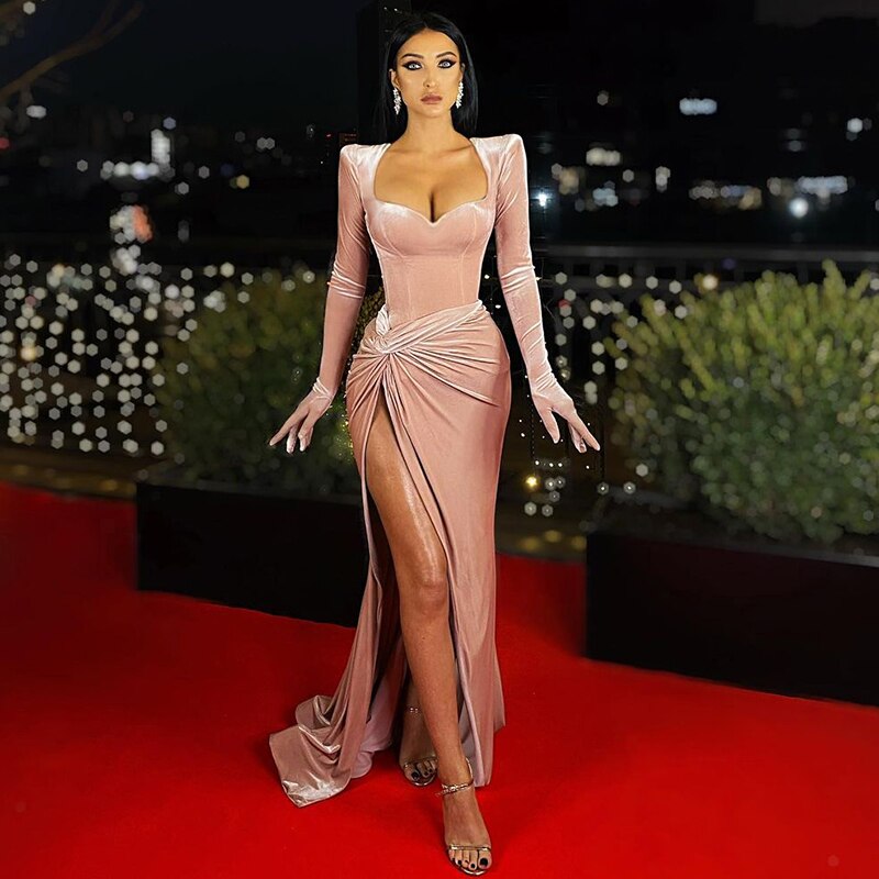 Voguabl Long Sleeve With Gloves Slash Neck Satin Sexy Maxi Dress 2021 Autumn Winter Women Solid Party Elegant Streetwear Outfit voguable