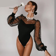 Voguable Mesh Pearl Patchwork Long Puff Sleeve Sexy Bodysuit Winter Women Fashion Streetwear Party Elegant Lady Romper voguable