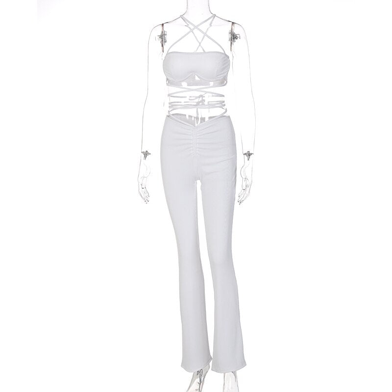 Voguable Solid Women Halter Sleeveless Bandage Ruched Crop Bra High Waist Leggings 2 Piece Set 2021 Autumn Y2K Streetwear Outfit voguable