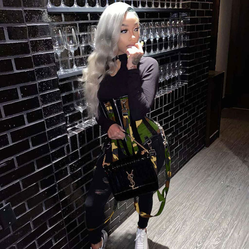 Voguable 2022 Long Sleeve Jumpsuit With Corset CamouflageAutumn Winter Women Fashion Streetwear Outfits Bodycon Patchwork Romper voguable