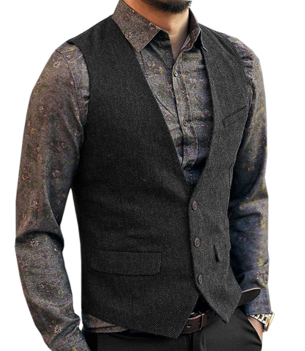 Voguable Men's Vest Suit Boutique Wool Tweed Slim Fit Leisure Cotton Male Gentleman Beckham Business Waistcoat For Wedding Groomsmen voguable