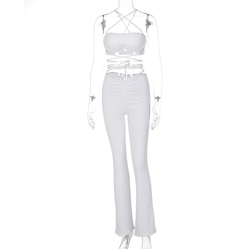 Voguable Solid Women Halter Sleeveless Bandage Ruched Crop Bra High Waist Leggings 2 Piece Set 2021 Autumn Y2K Streetwear Outfit voguable