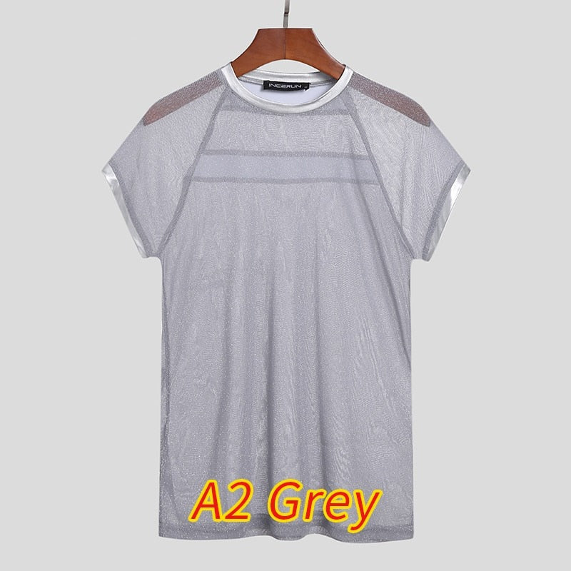 INCERUN Tops 2022 New Mens America Style Tees Sexy Shining Metal Mesh Perspective Casual Round Neck Short Sleeve T-Shirt S-5XL 7 voguable
