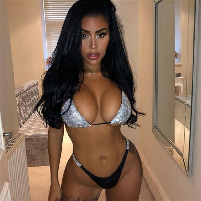 Voguable   Bikini Set Women Luxury Bling Rhinestone Sliver Crystal Diamond Sexy Swimsuit Halter Push Up Bandage Swimwear Bikini Set voguable